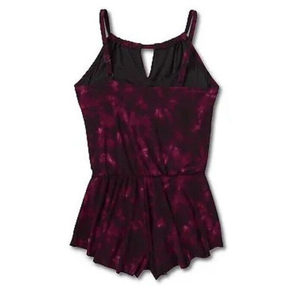 Aqua Green Women Sz M High Neck Swim Romper Pockets Burgundy One Piece Swimsuit - Picture 2 of 5